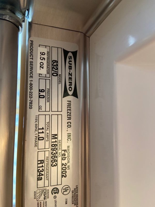 632 Sub-Zero Refrigerator model number tag