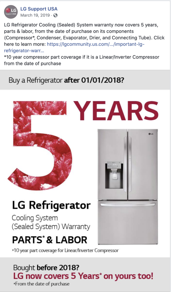 Social media post about Lg 5 year warranty on sealed system refrigerator repair for refrigerators built before 2018